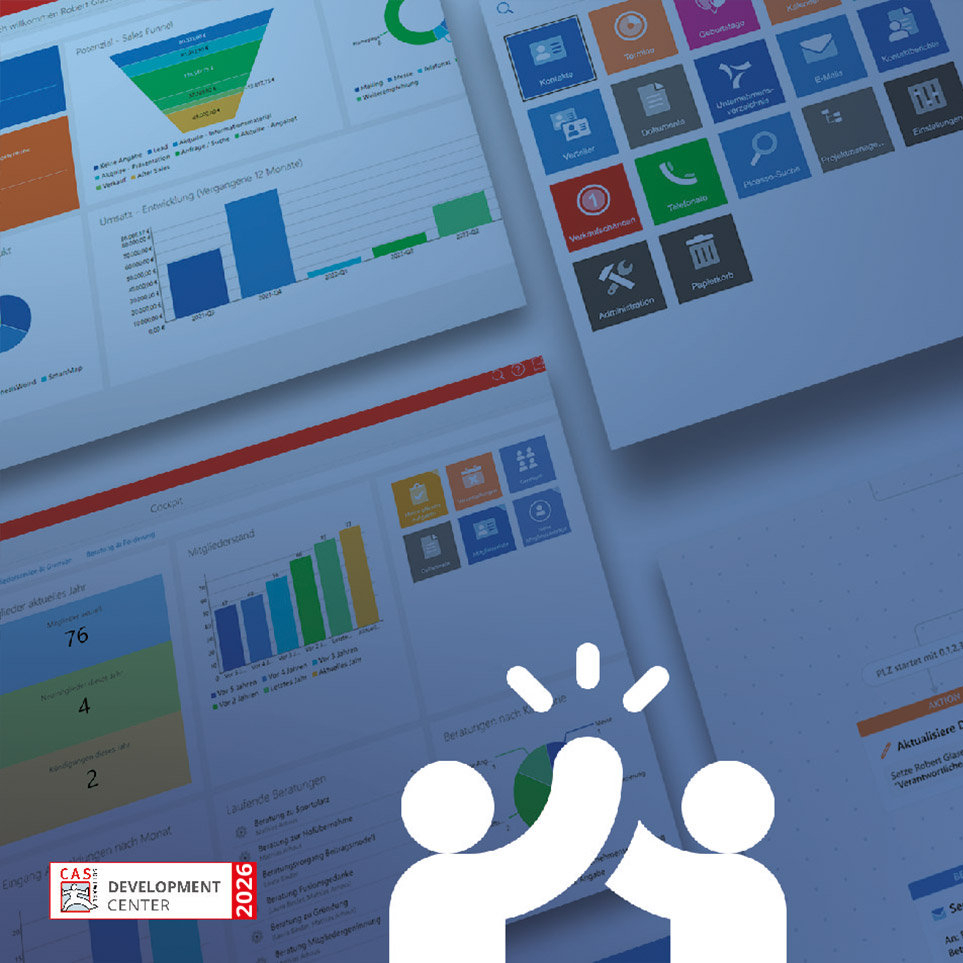Mehrer Screenshots aus den Customer-Relationship-Management (CRM) Programmen genesisWorld und SmartWe der CAS Software AG