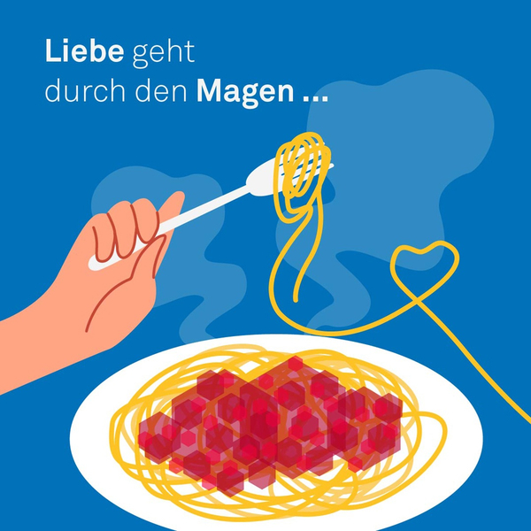 Grafik von einem Teller Spaghetti. Text "Liebe geht durch den Magen..."