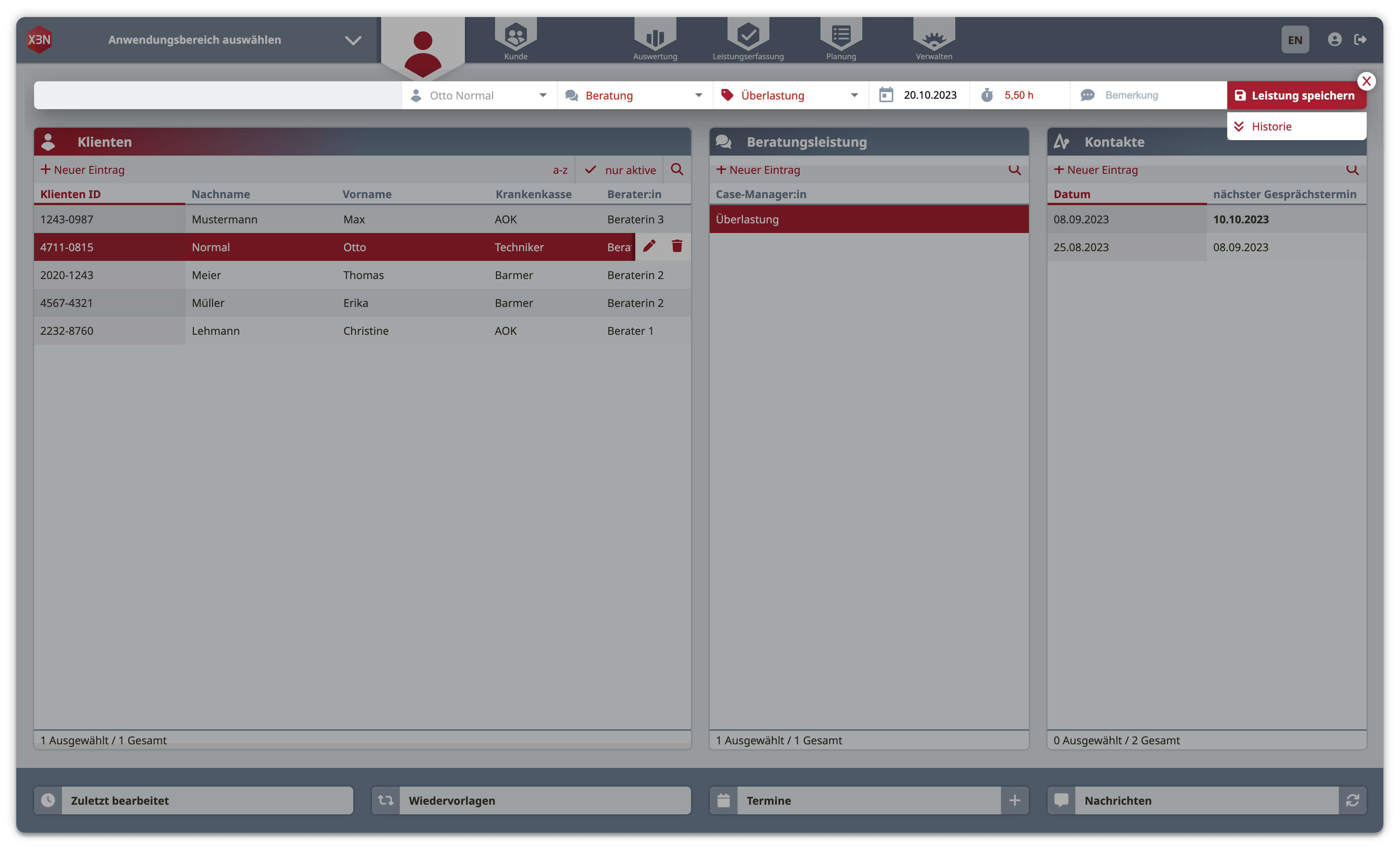 XBN Software Screenshot - Zeiterfassung im Betrieblichen Eingliederungsmangement und in der Sozialberatung