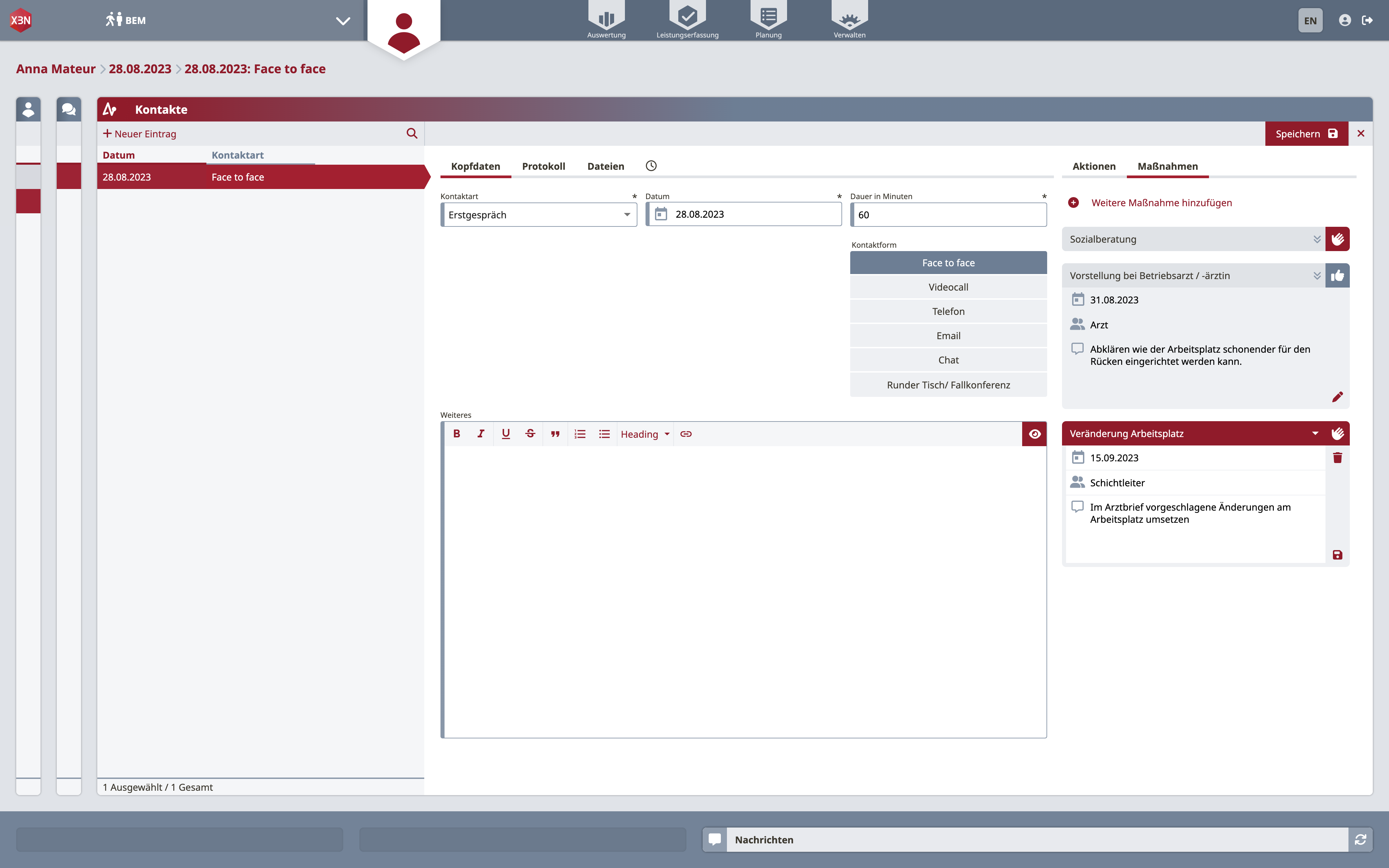 XBN Software Screenshot - Massnahmen des Betrieblichen Eingliederungsmangements