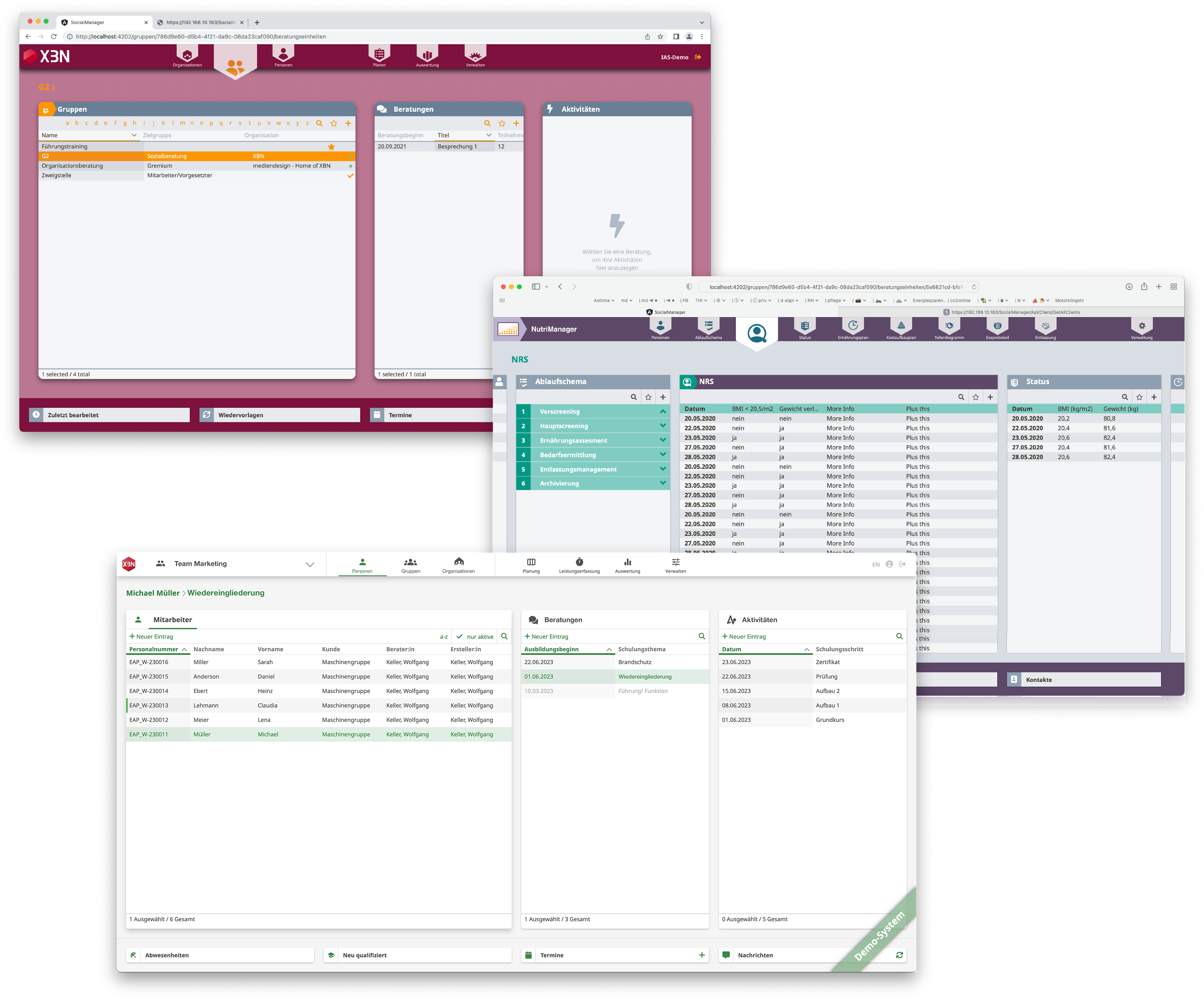 XBN Software Screenshot - drei verschiedene an den Kunden angepasste Oberflächenlayouts